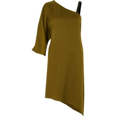 Khaki green asymmetric one shoulder dress
